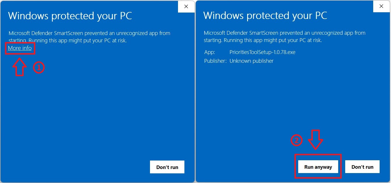 Microsoft Defender SmartScreen warning dialog showing the file name and a 'More info' link in the corner