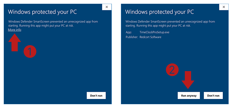 Microsoft Defender SmartScreen warning dialog with a 'More info' link in the corner